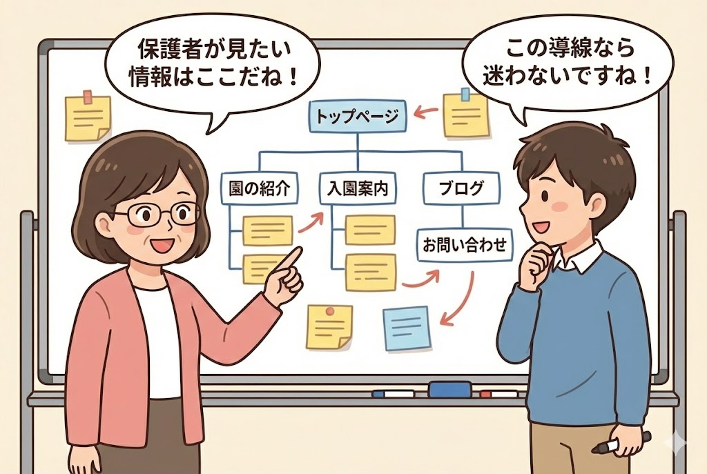 ホームページの構成案をホワイトボードで話し合う様子