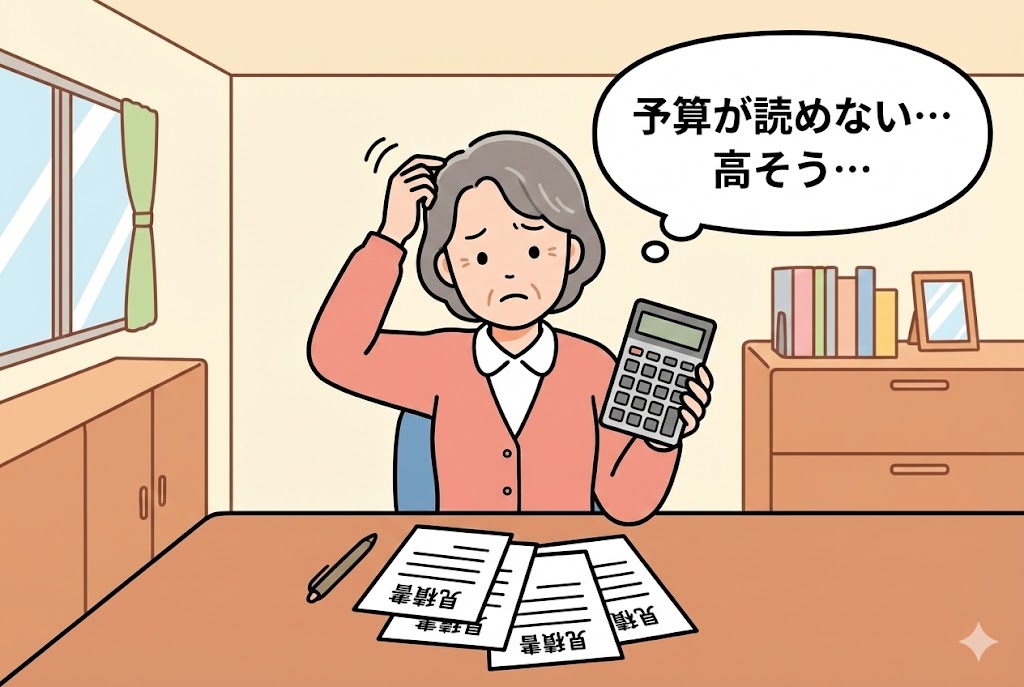 電卓を片手に予算について悩んでいる園長先生