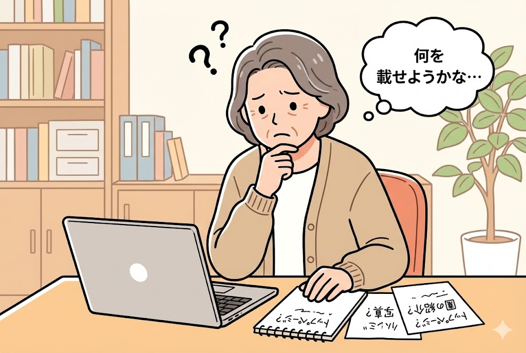 パソコンの前でホームページの構成案に悩んでいる園長先生
