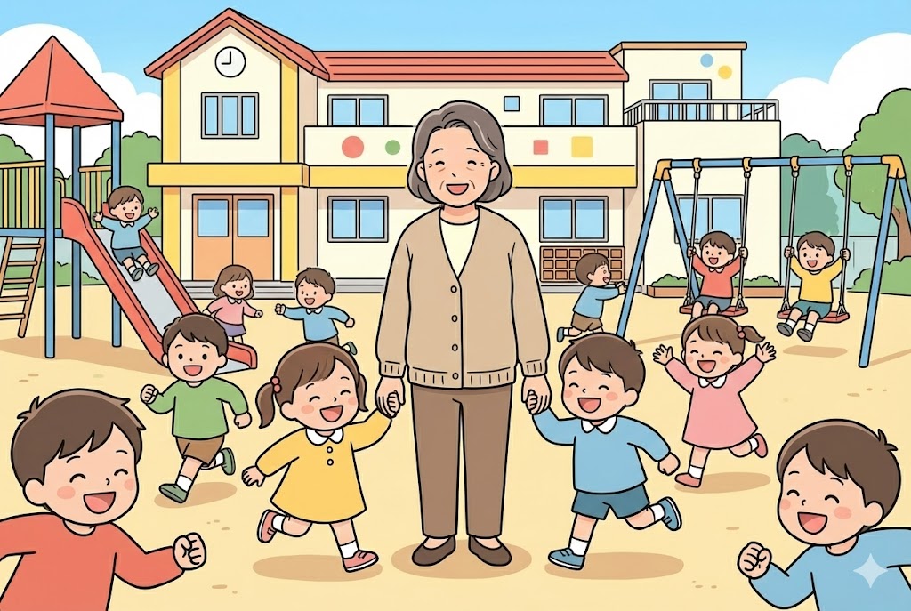 園児が増えて賑やかになった園庭で喜ぶ園長先生