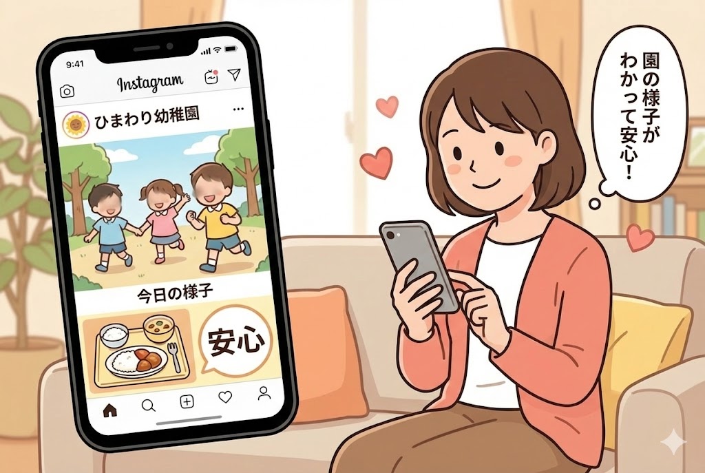 スマホで園のSNSを見て安心する保護者