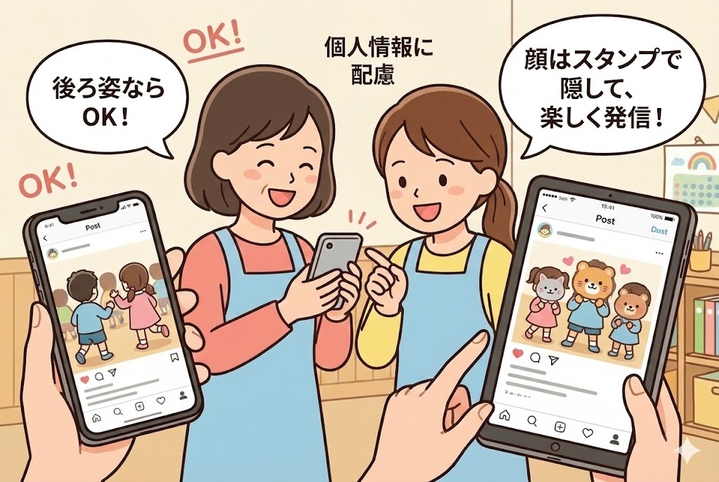 個人情報に配慮しながら楽しく投稿を作成する保育士