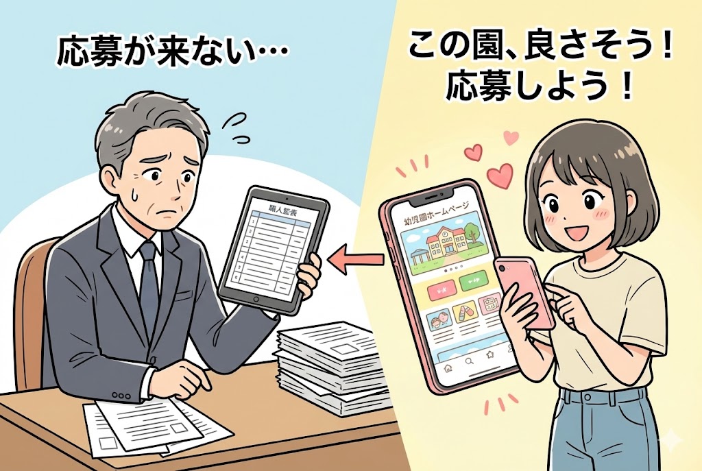 採用に悩む園長とホームページを見て応募する求職者