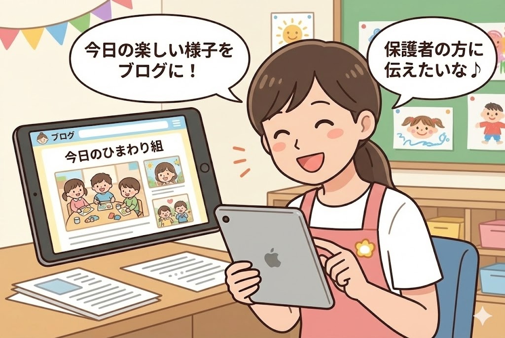 タブレットで楽しそうにブログを更新する保育士