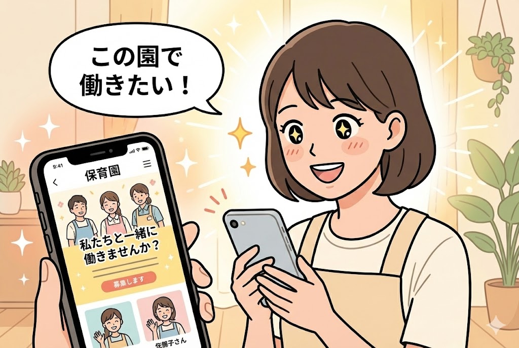 スマホで園の採用ページを見て目を輝かせる保育士