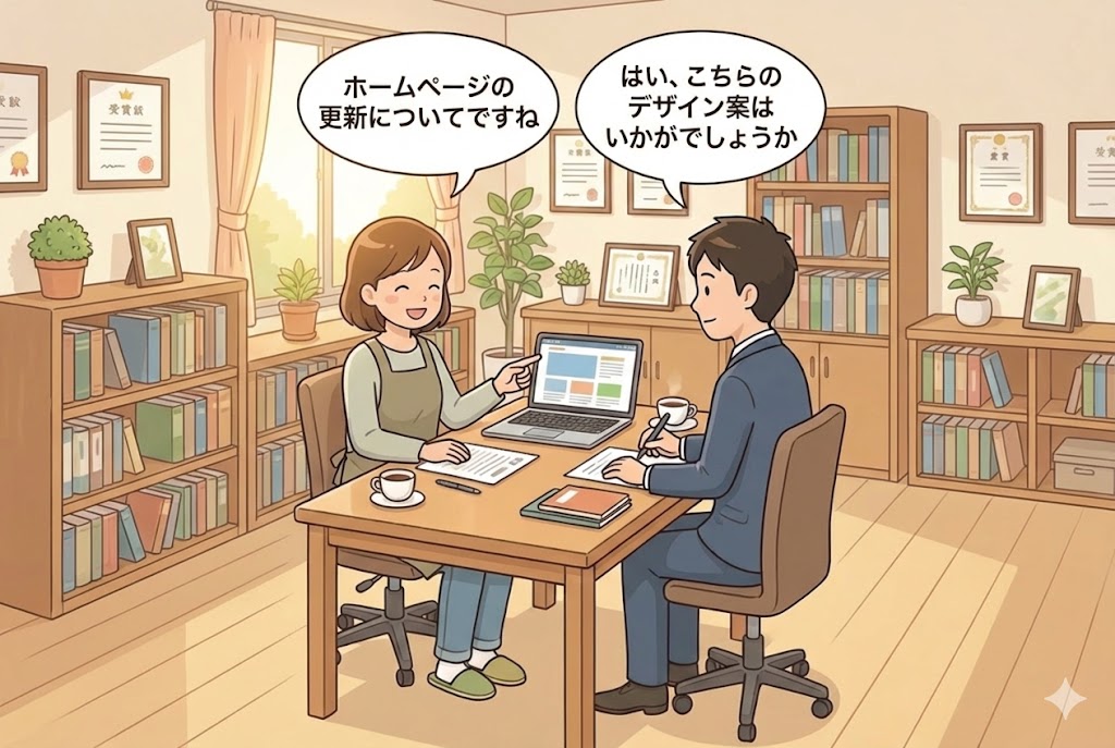 制作会社の担当者とパソコンを見ながら打ち合わせをする園長先生