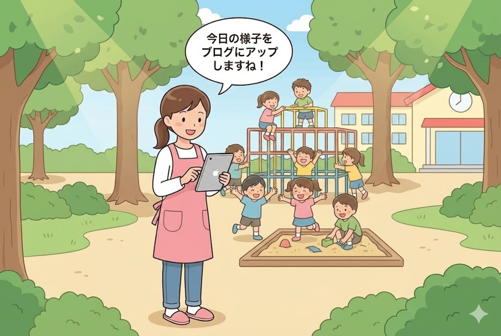 園庭でタブレットを使って子供たちの遊ぶ様子を撮影する笑顔の保育士