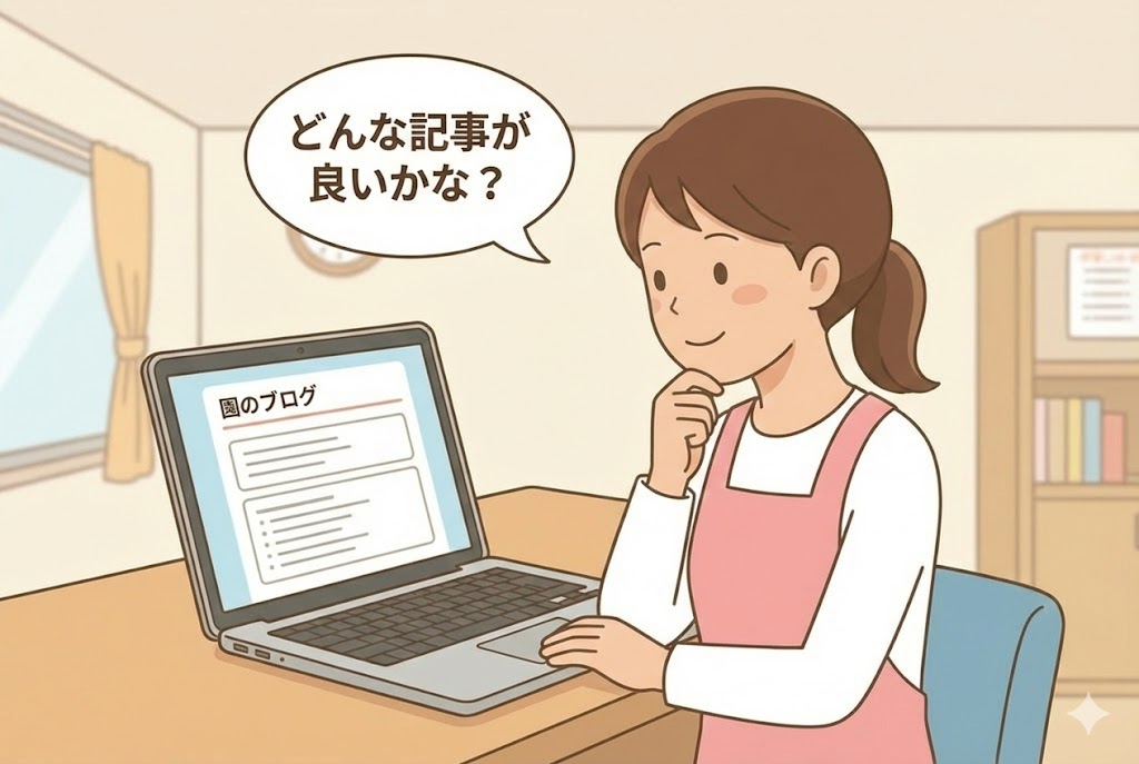 パソコンに向かってブログ記事の構成を考えている保育士の様子