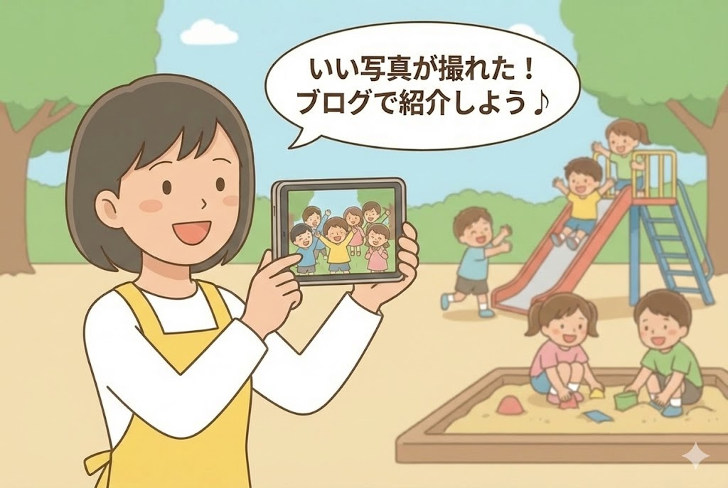 タブレットを使って楽しそうに園児の写真を撮影している保育士