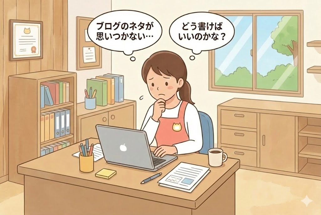 パソコンに向かって悩んでいる保育士