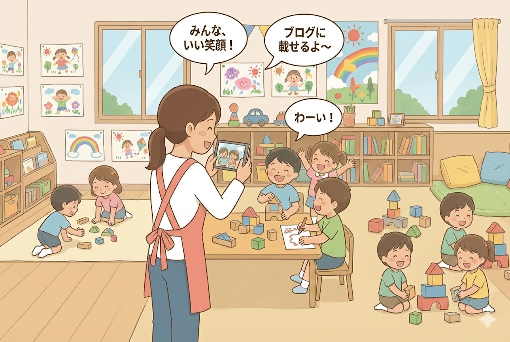 タブレットで室内撮影している保育士