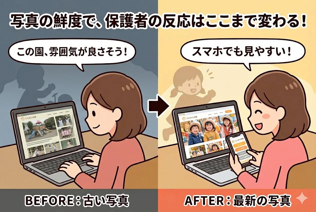 スマホで園のデザインを見て安心する保護者