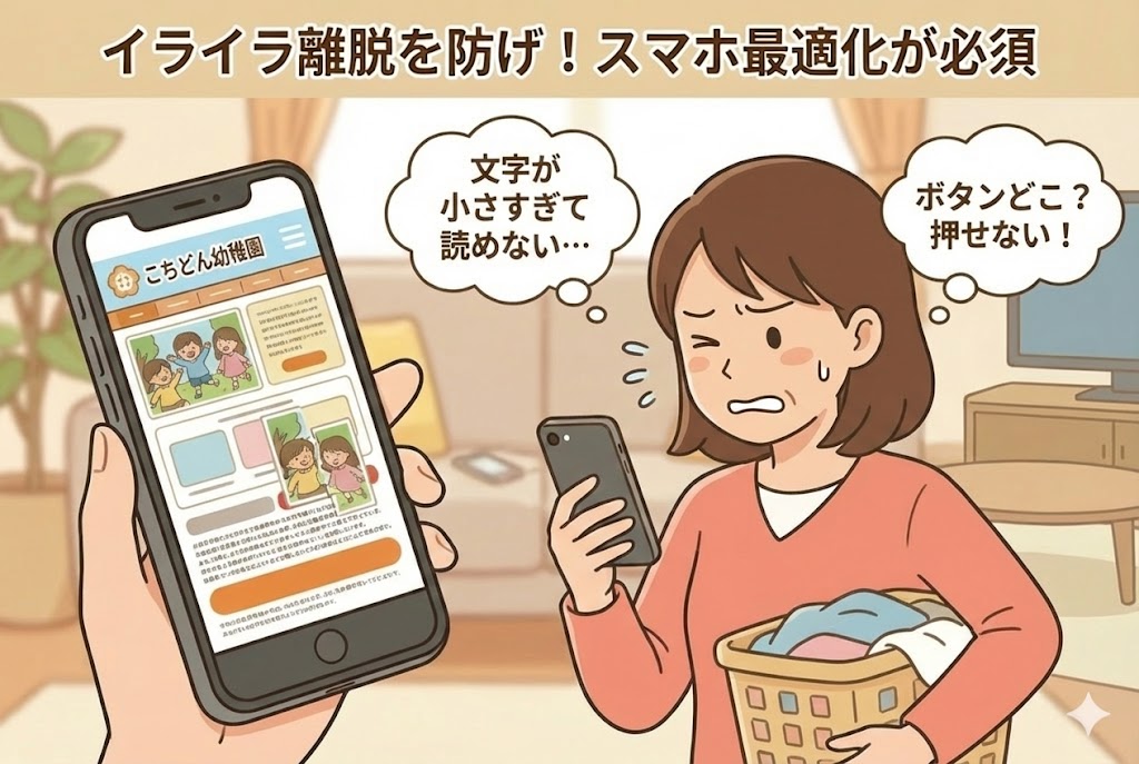 スマホの画面が見づらくて困った顔をしている保護者