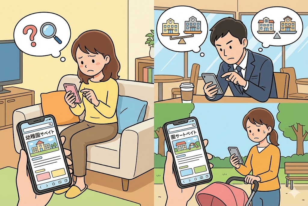 保護者がスマホで園の情報を熱心にチェックしている様子